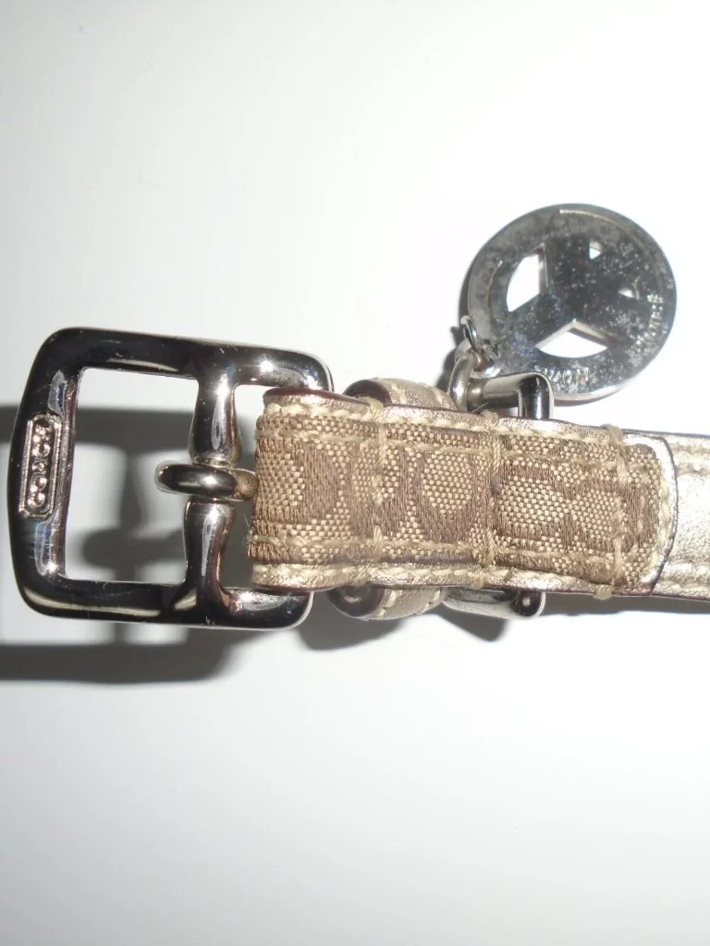COACH GOLD LEATHER BROWN JACQUARD SIGNATURE C DOG PET COLLAR LEASH SET SIZE XS